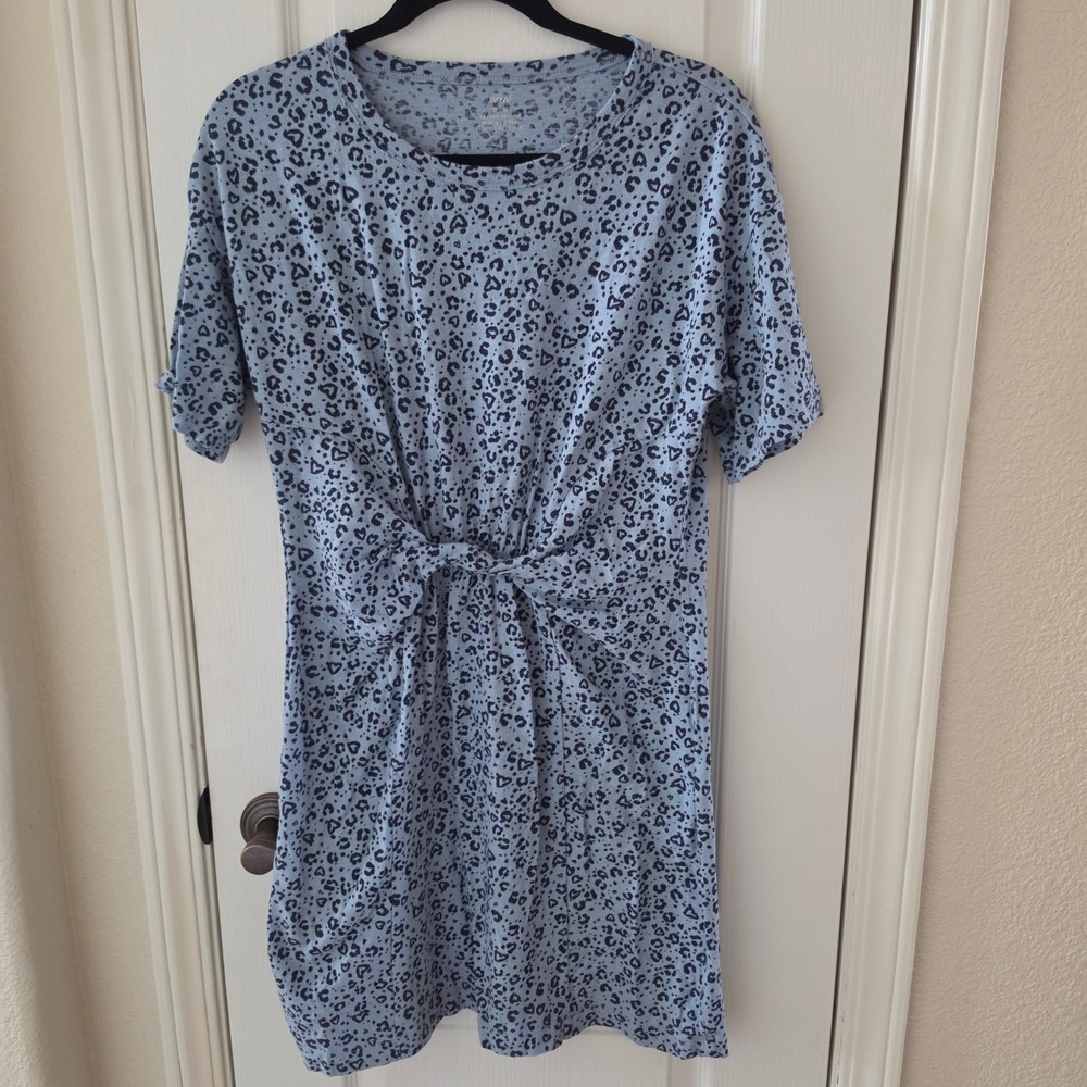 Aerie Blue Leopard Heart Print Twist Front T-Shirt Dress Medium Cotton Mini